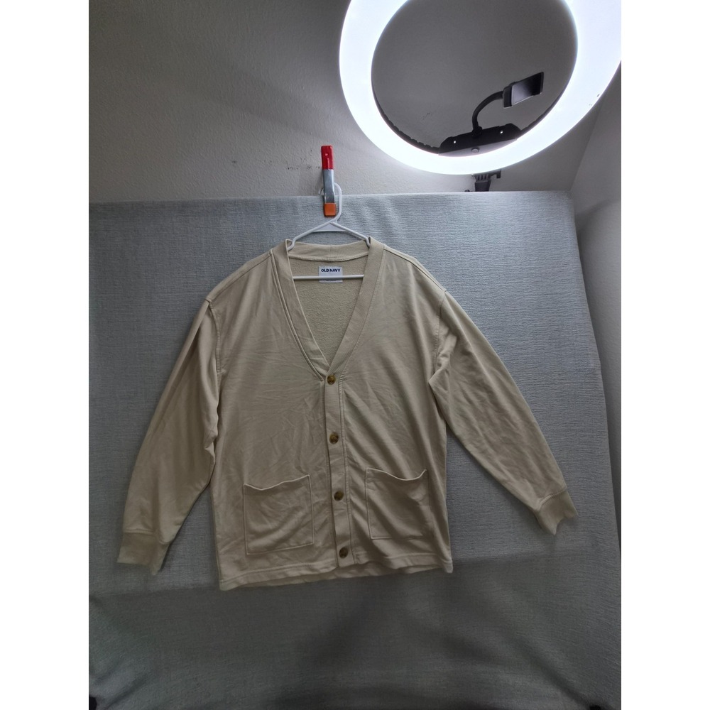 Old Navy Cardigan Sweater Mens‎ L Beige Cotton French Terry Button Front V Neck